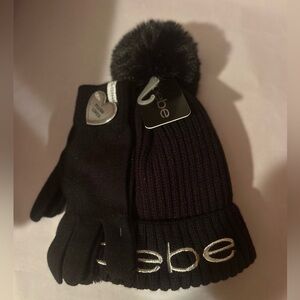 Bebe Logo Pom Beanie And Gloves Knit Cap Set Black White Thermal Plush Lining